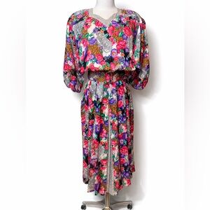 Diane Freis Vintage 100% Silk Floral Polka Dot Belted Elastic Fit & Flare Dress
